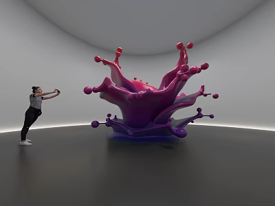 Abstract Purple Pink Splash Shaped Sculpture In Indoor Gallery With Human Figure 3d model