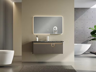 Modern Bathroom Vanity Cabinet with Backlit Mirror Gray Cabinet and Black Countertop 3d model