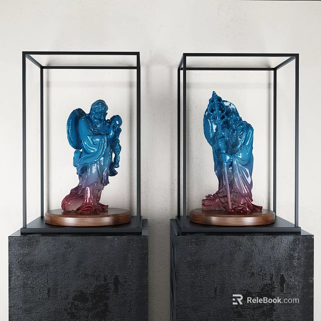Elegant Decorative Figurine Set with Blue Purple Gradient Statues in Glass Cases on Black Pedestals 3d model 