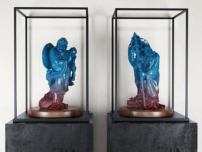 Elegant Decorative Figurine Set with Blue Purple Gradient Statues in Glass Cases on Black Pedestals 3d model
