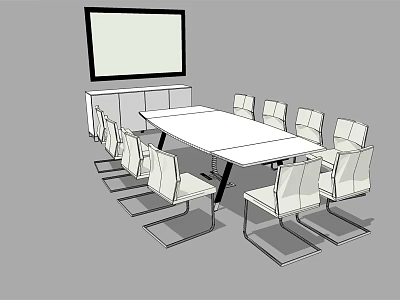 Modern Conference Table With White Chairs And Large Projector Screen In Meeting Room 3d model