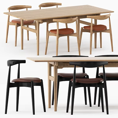 Modern Light Wood Dining Table Set With Brown Seat Chairs And Black Legs 3d model