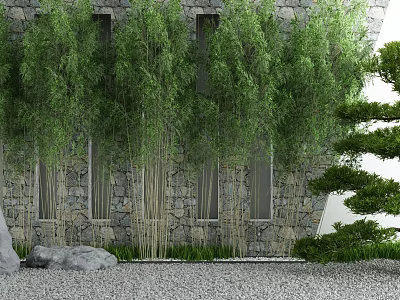 Tranquil Courtyard Garden with Stone Wall Bamboo Plants Windows Gravel Ground and Pine Tree 3d model