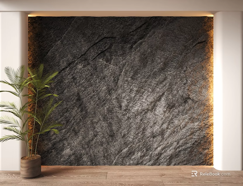 Natural Textured Gray Stone Wall with Potted Plant in Warm Indoor Lighting 3d model 