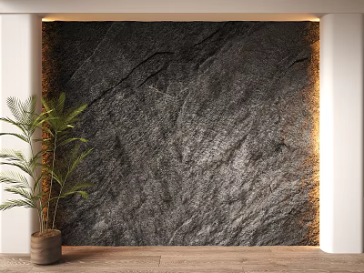 Natural Textured Gray Stone Wall with Potted Plant in Warm Indoor Lighting 3d model