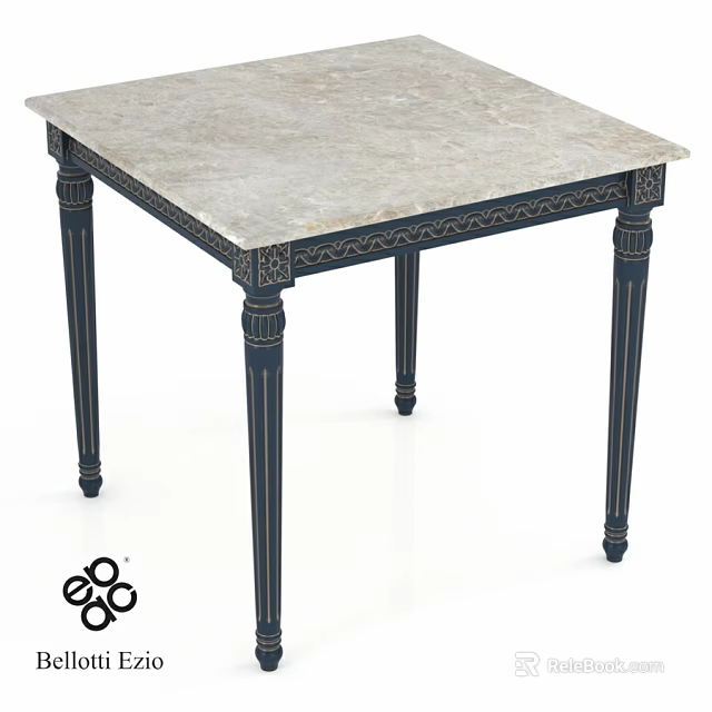 Elegant Dining Table With Marble Top And Dark Blue Carved Legs 3d model 
