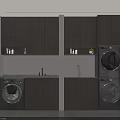 Modern Laundry Room Interior With Dark Wooden Cabinets Washing Machine Dryer And Countertop