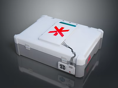 White Emergency Medical Device With Red Cross Symbol And Cable Connection 3d model