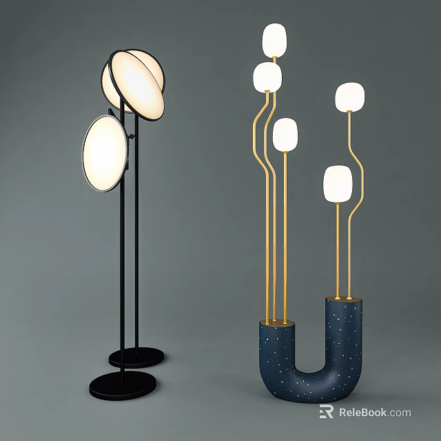 Modern Floor Lamps Black Base Round Shades U Shaped Blue Base Golden Poles White Lampshades 3d model 