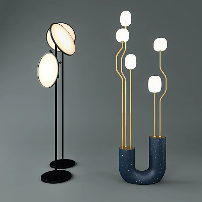 Modern Floor Lamps Black Base Round Shades U Shaped Blue Base Golden Poles White Lampshades 3d model