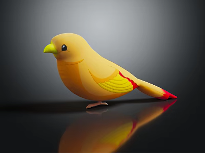 Yellow Bird With Red Tail And Yellow Wings Standing On Black Surface With Reflection 3d model