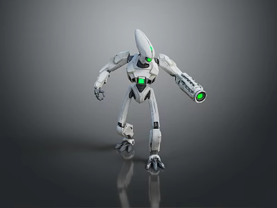White Robot Game And Movie Character With Green Glowing Parts Pointed Head And Mechanical Arms 3d model