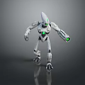 White Robot Game And Movie Character With Green Glowing Parts Pointed Head And Mechanical Arms
