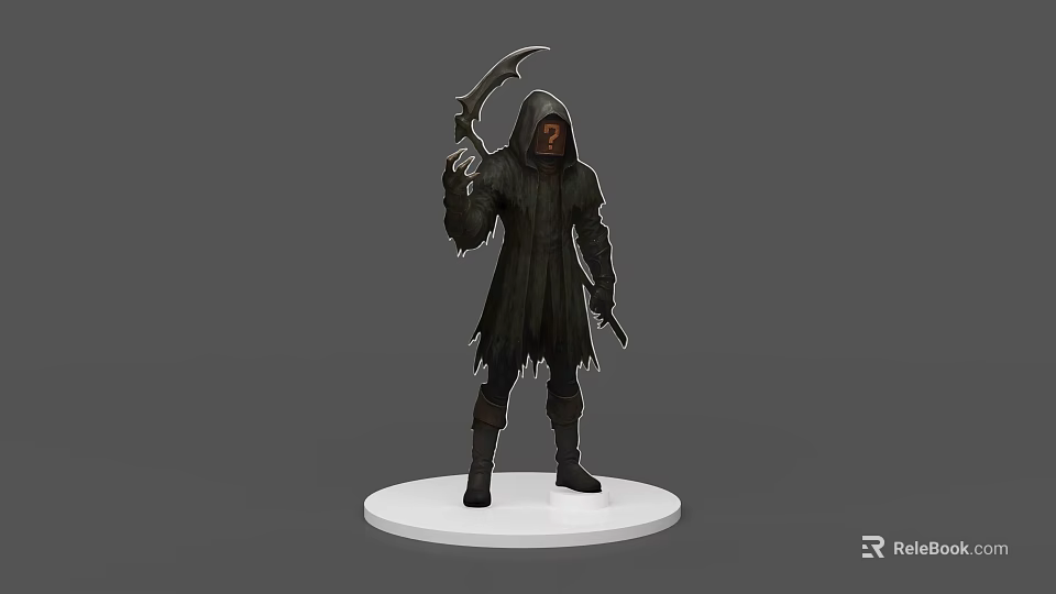 Mysterious Hooded Game Character in Black Robe Holding Scythe on White Base 3d model 