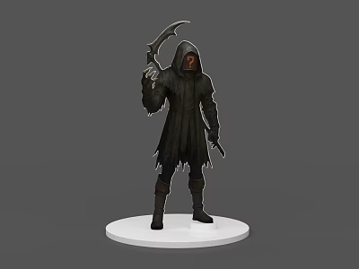 Mysterious Hooded Game Character in Black Robe Holding Scythe on White Base 3d model