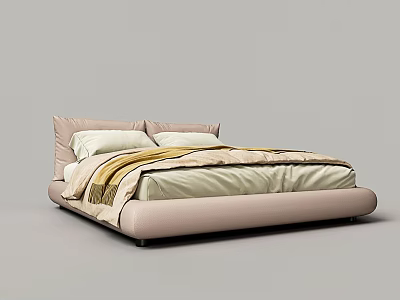 Modern Double Bed with Plush Upholstered Headboard and Soft Linen Bedding 3d model