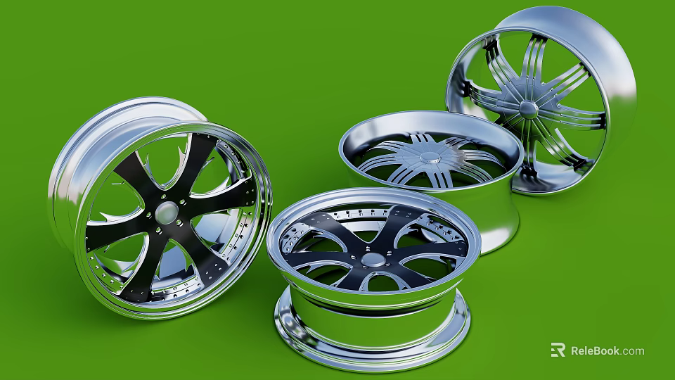 Stylish Silver And Black Alloy Wheels With Spoke Design On Green Background 3d model 