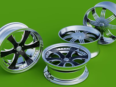 Stylish Silver And Black Alloy Wheels With Spoke Design On Green Background 3d model
