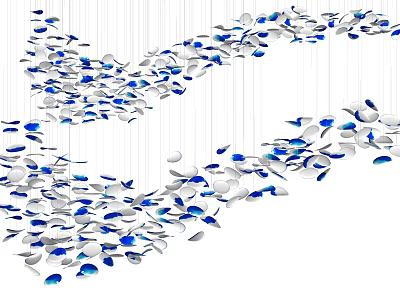 Blue And White Fish Shaped Chandelier With Hanging Decorations From Strings 3d model
