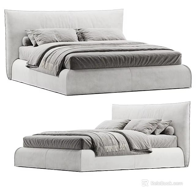 Modern Upholstered Double Bed With Soft Headboard And Neutral Bed Linens 3d model 