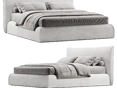Modern Upholstered Double Bed With Soft Headboard And Neutral Bed Linens 3d model