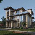 Modern Detached Villa Exterior With Large Glass Windows Balconies Green Lawn And Trees