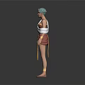 3D Game Character With Teal Hair White Shawl Red Skirt Golden Accents And Sandals