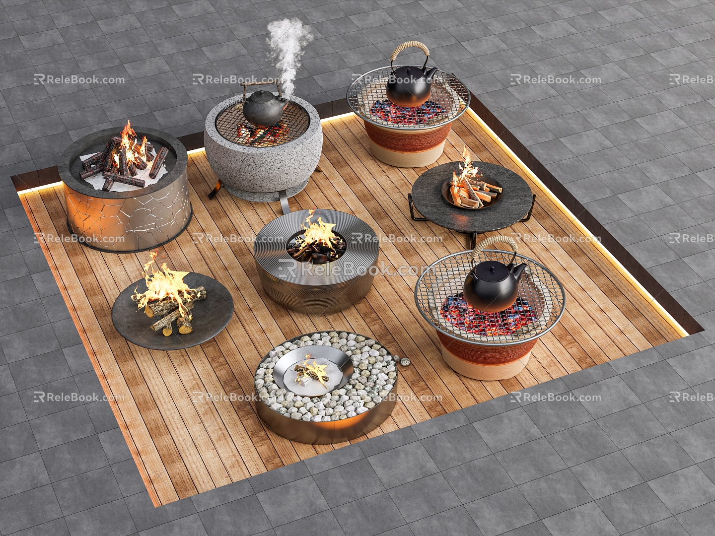 New Chinese Courtyard Sketches Fiberpot Encircled Stove Tea Making Fiberpot Bonfire Picnic Sketches Fireplace Teapot 3d model