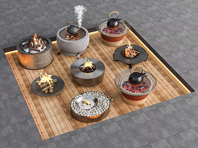 Outdoor Tea Set Scene With Round Fire Brewing Devices On Stone Slab And Wooden Mat 3d model
