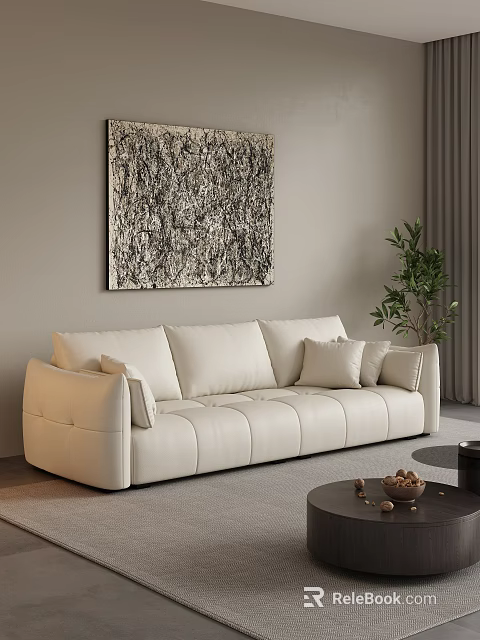 White Leather Multi-Seat Sofa With Decorative Pillows Abstract Painting And Green Plant In Living Room 3d model 