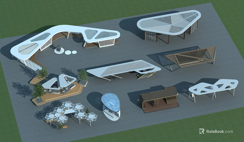 Modern Outdoor Pergolas With Geometric Shapes Diverse Designs And Garden Seating Areas 3d model 