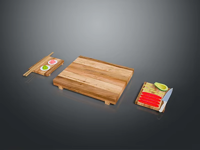 Neat Dining Table Arrangement With Wooden Cutting Board Sushi Chopsticks And Lime Slice 3d model