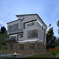 Modern Detached Villa With Large Glass Windows Green Trees Garden And Outdoor Lighting