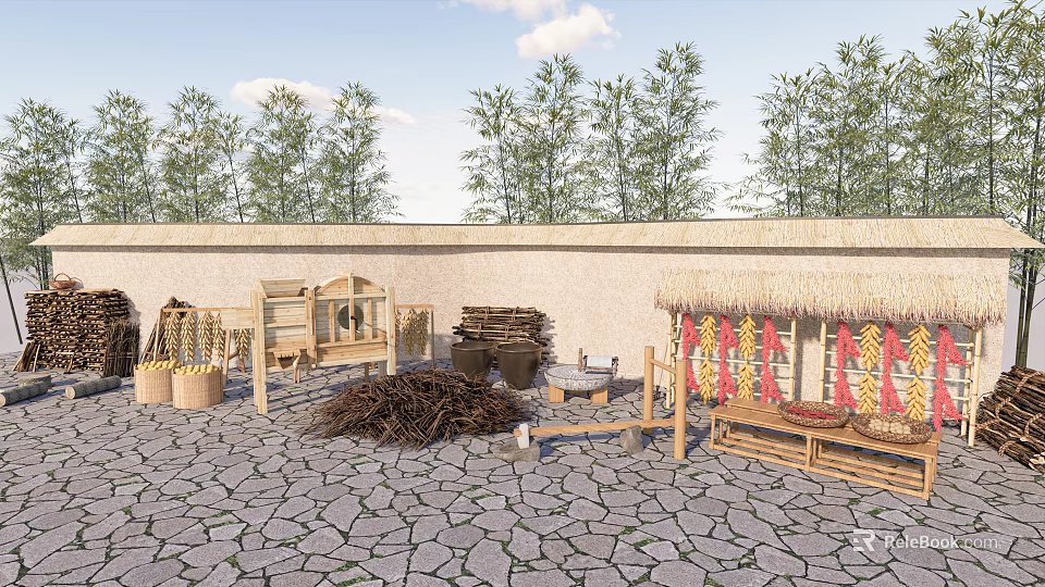 Outdoor Industrial Equipment Display With Wooden Frames Firewood Stacks And Clay Pots 3d model 