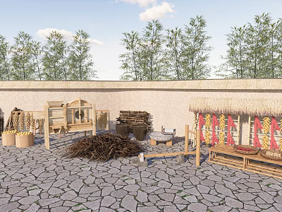 Outdoor Industrial Equipment Display With Wooden Frames Firewood Stacks And Clay Pots 3d model