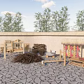 Outdoor Industrial Equipment Display With Wooden Frames Firewood Stacks And Clay Pots