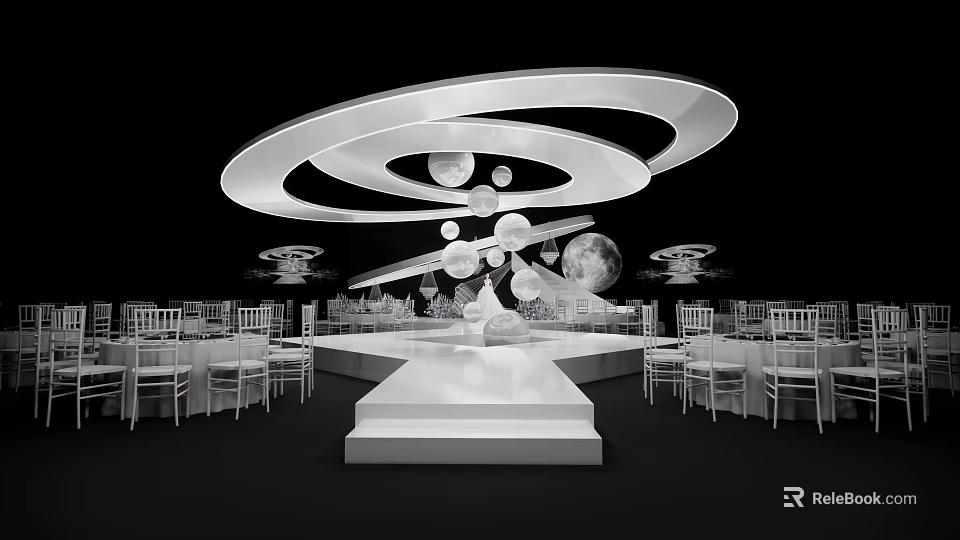 Modern Banquet Hall Interior Design With Circular Ceiling Decor White Stage And Moon Planet Ornaments 3d model 