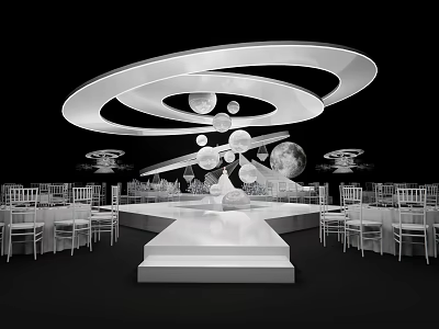 Modern Banquet Hall Interior Design With Circular Ceiling Decor White Stage And Moon Planet Ornaments 3d model