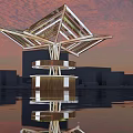 Modern Architectural Landscape Pavilion With Unique Roof Design Wooden Structure Glass Panels And Water Reflection