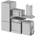 Modern Sleek Kitchen Appliances Stainless Steel Refrigerator Range Hood Oven Microwave