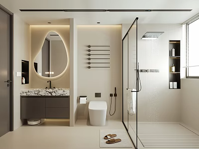 Modern Bathroom Interior Design With Oval Mirror Marble Vanity And Shower Area 3d model