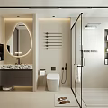Modern Bathroom Interior Design With Oval Mirror Marble Vanity And Shower Area