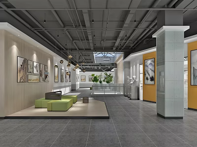 Spacious Lounge Area With Gray Ceiling White Yellow Walls Artworks Green Sofas And Green Plants 3d model