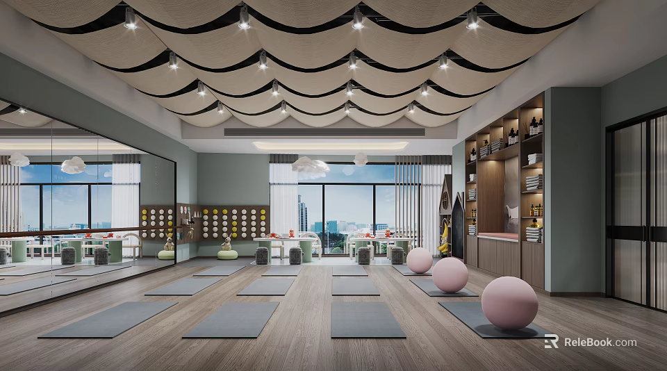 Spacious Yoga Fitness Studio With Gray Mats Pink Balls Wooden Flooring And Large Windows 3d model 