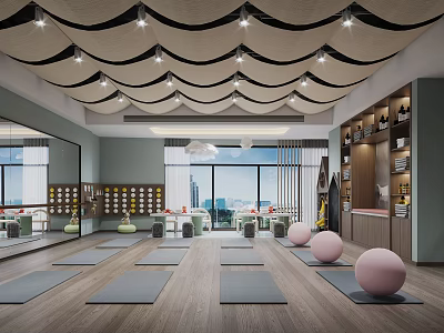 Spacious Yoga Fitness Studio With Gray Mats Pink Balls Wooden Flooring And Large Windows 3d model