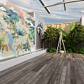 Tropical Garden Landscape With Glass Roof Wooden Deck Outdoor Seating And Lush Green Plants