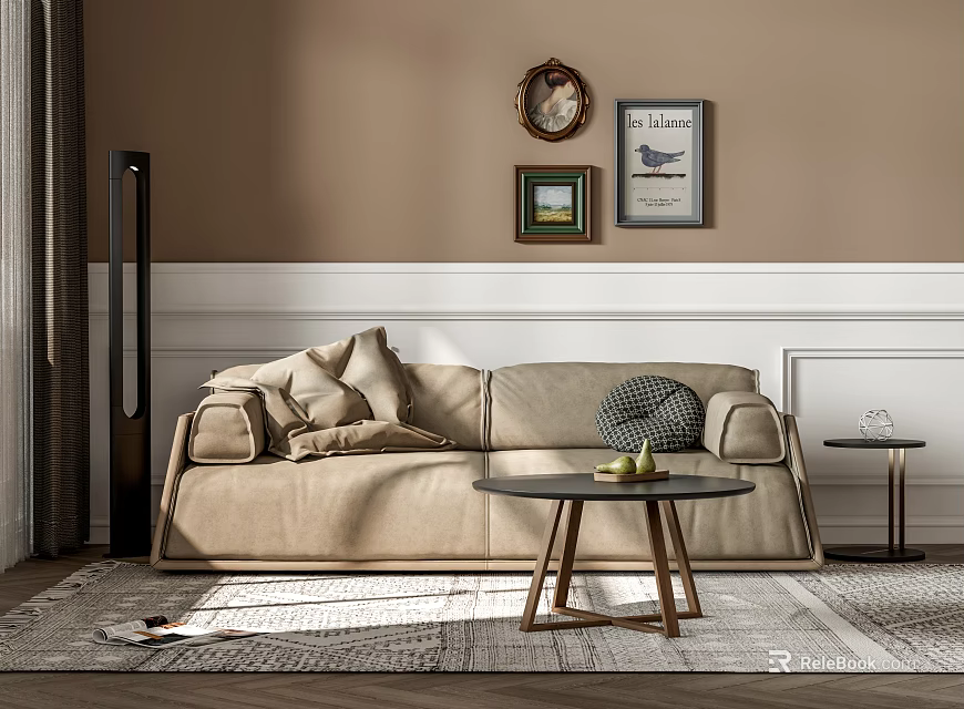 Cozy Beige Double Sofa with Coffee Table Wall Art and Clock in Warm Living Room 3d model 