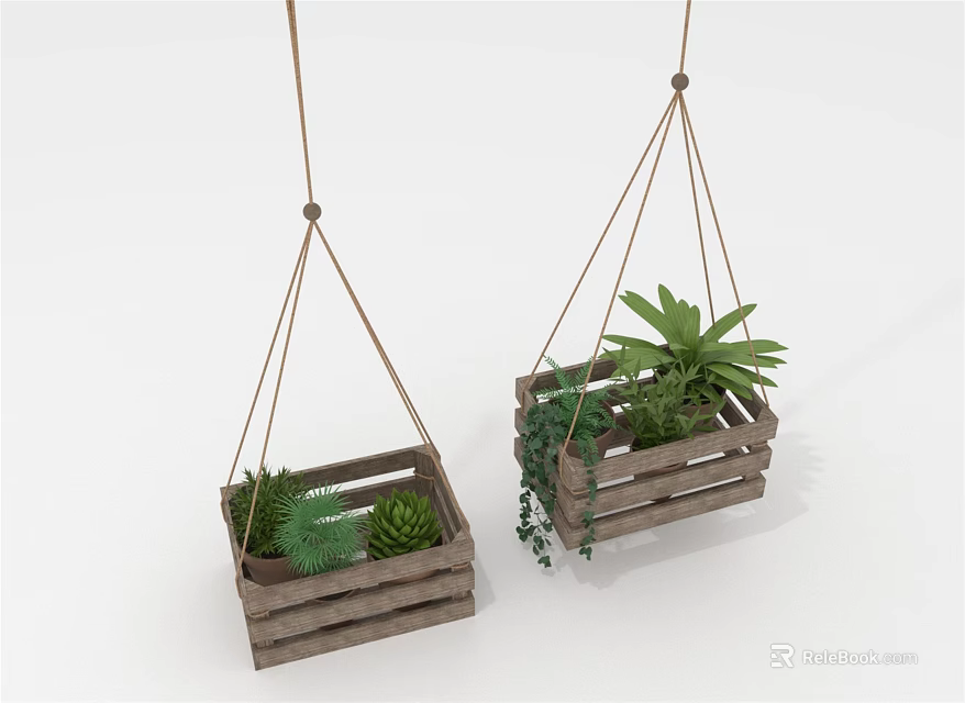 Natural Wooden Hanging Planters With Succulents And Green Leafy Plants 3d model 
