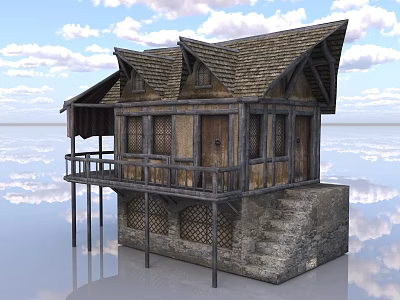 Rustic Wooden House With Sloped Roof Balcony Stone Base Stairs And Scenic Reflection 3d model