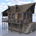 Rustic Wooden House With Sloped Roof Balcony Stone Base Stairs And Scenic Reflection